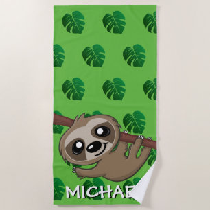 Cute Sloth Safari Green Cartoon Jungle Name Beach Towel