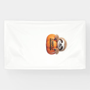 Cute Sloth sitting in a Pumpkin. Text Happy Hallow Banner