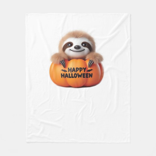Cute Sloth sitting in a Pumpkin. Text Happy Hallow Fleece Blanket (Front)