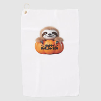 Cute Sloth sitting in a Pumpkin. Text Happy Hallow Golf Towel