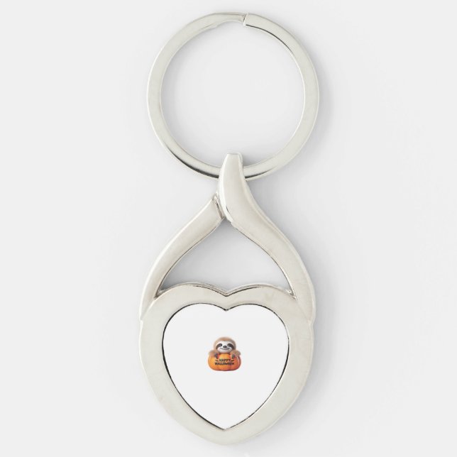 Cute Sloth sitting in a Pumpkin. Text Happy Hallow Keychain (Front)