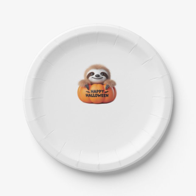 Cute Sloth sitting in a Pumpkin. Text Happy Hallow Paper Plate (Front)