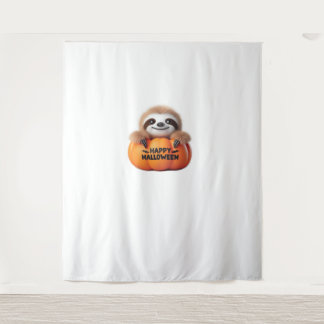 Cute Sloth sitting in a Pumpkin. Text Happy Hallow Tapestry