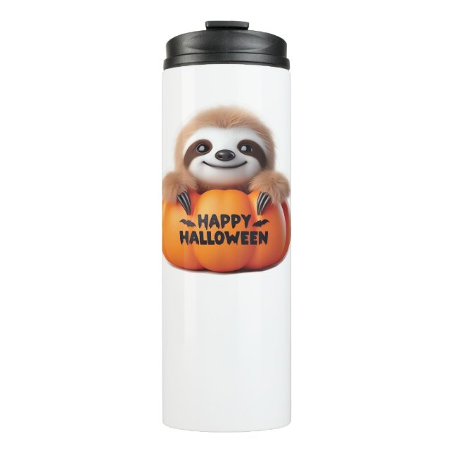 Cute Sloth sitting in a Pumpkin. Text Happy Hallow Thermal Tumbler (Front)