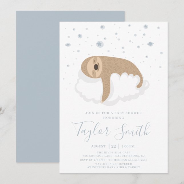 Cute Sloth Sleeping On Cloud Baby Sower Invitation (Front/Back)