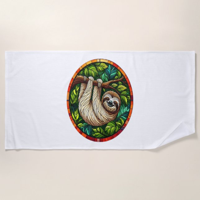 Cute Sloth Stained Glass Ornament Beach Towel (Front)