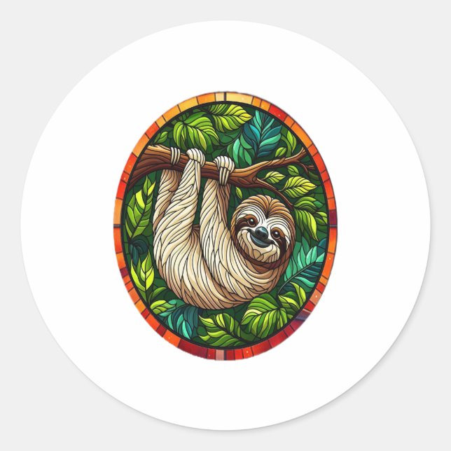 Cute Sloth Stained Glass Ornament Classic Round Sticker (Front)