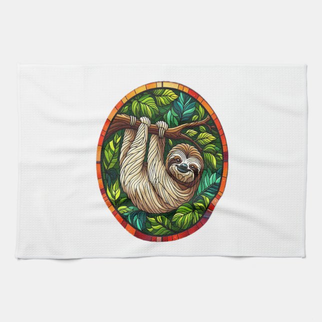 Cute Sloth Stained Glass Ornament Kitchen Towel (Horizontal)