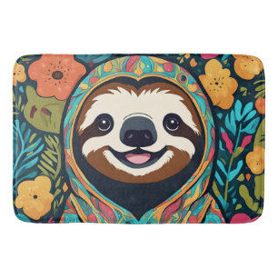 Cute sloth surrounded by flowers bath mat