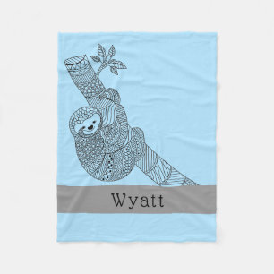 Cute Sloth Tribal Boho Personalized Name Blue Fleece Blanket