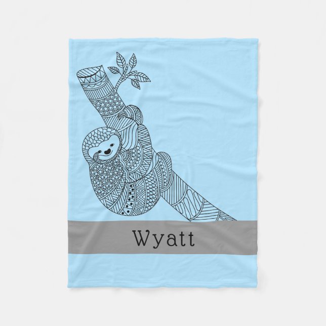 Cute Sloth Tribal Boho Personalized Name Blue Fleece Blanket (Front)