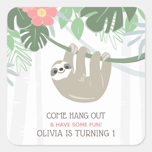 Cute Sloth Tropical Palm Leaves Birthday Square Sticker (Front)
