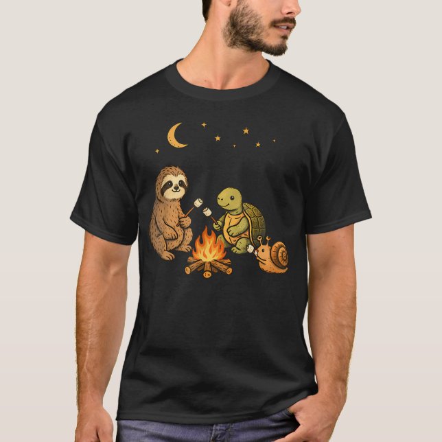 Cute Sloth Turtle Snail Campfire T-Shirt (Front)