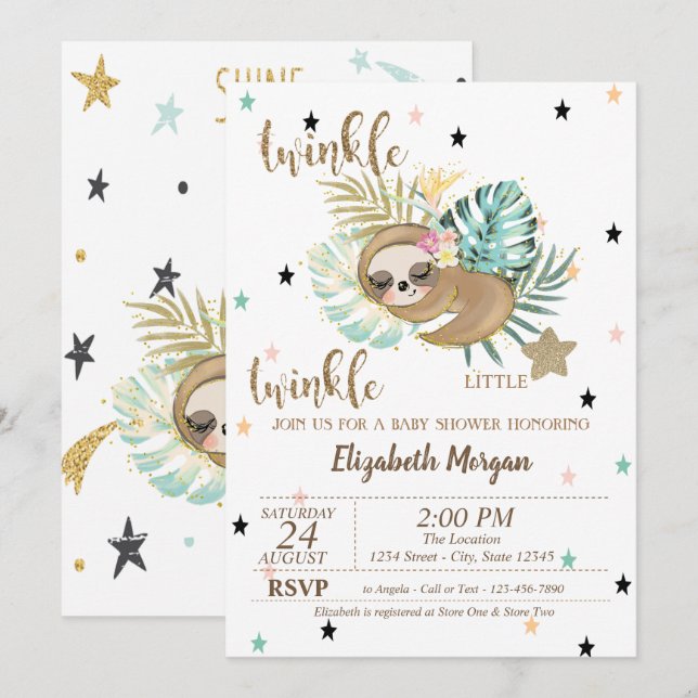 Cute Sloth Twinkle Little Star Baby Shower  Invitation (Front/Back)