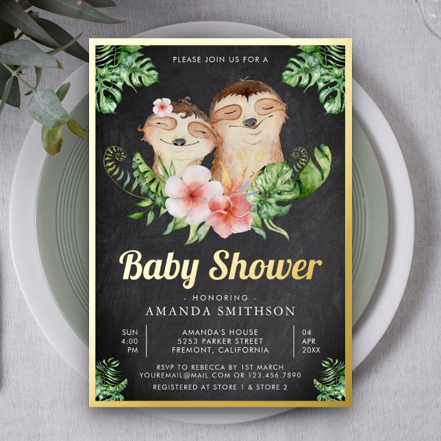 Cute Sloth Twins Chalkboard Baby Shower Gold (Creator Uploaded)