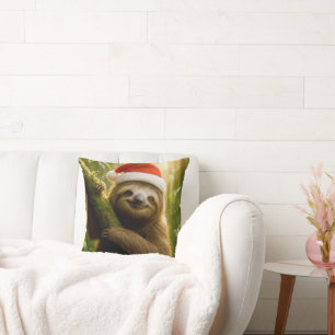 Cute Sloth Wearing a Santa Hat Throw Pillow