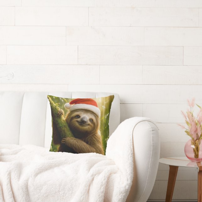 Cute Sloth Wearing a Santa Hat Throw Pillow (Couch)