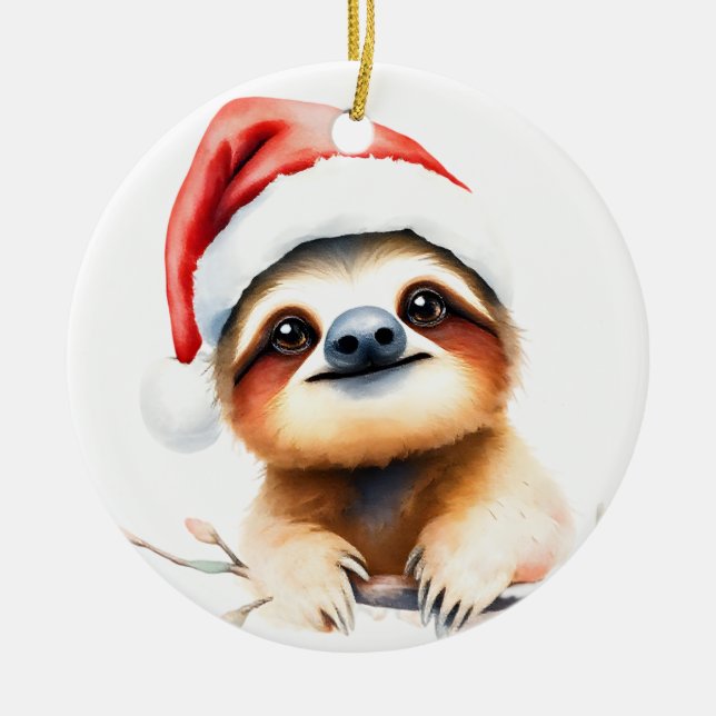 Cute Sloth Wearing Santa Hat Ceramic Ornament (Front)