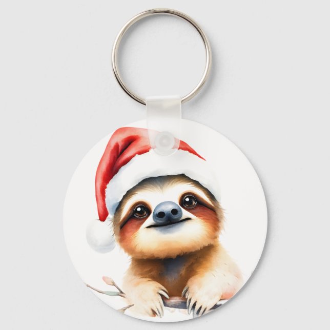 Cute Sloth Wearing Santa Hat Keychain (Front)