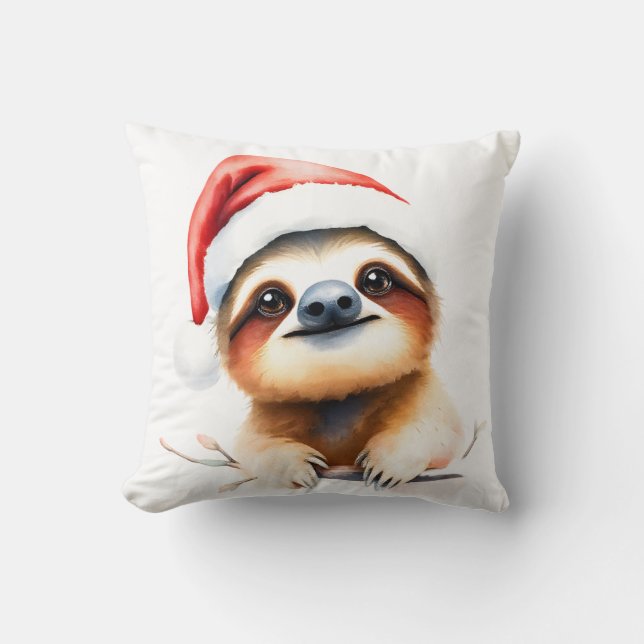 Cute Sloth Wearing Santa Hat Throw Pillow (Front)