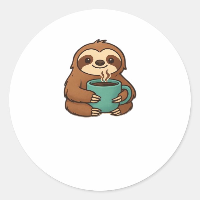 Cute Sloth with Coffee Mug – Cozy Relaxed Animal A Classic Round Sticker (Front)