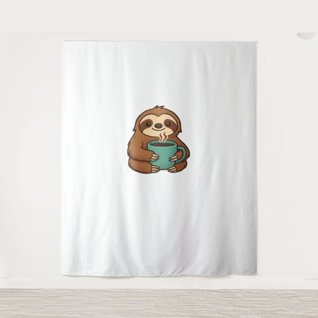 Cute Sloth with Coffee Mug – Cozy Relaxed Animal A Tapestry (Front)