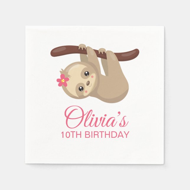 Cute Sloth with Flower Birthday Napkins (Front)