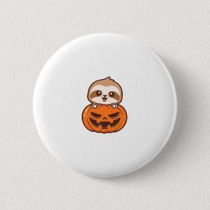 Cute Sloth with Pumpkin Halloween Cartoon Vector I 2 Inch Round Button