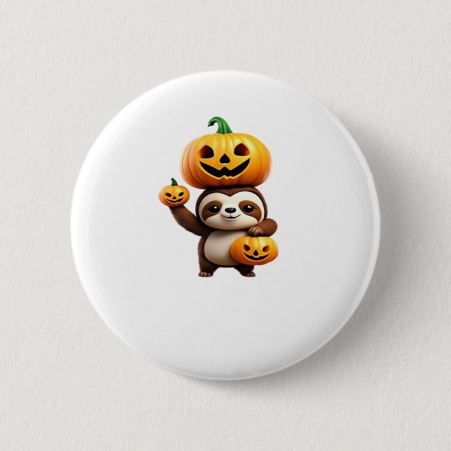 Cute Sloth with Pumpkin Halloween Cartoon Vector I 2 Inch Round Button (Front)