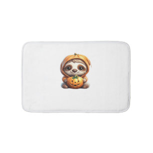 Cute Sloth with Pumpkin Halloween Cartoon Vector I Bath Mat