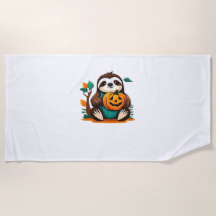Cute Sloth with Pumpkin Halloween Cartoon Vector I Beach Towel