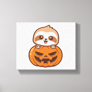 Cute Sloth with Pumpkin Halloween Cartoon Vector I Canvas Print