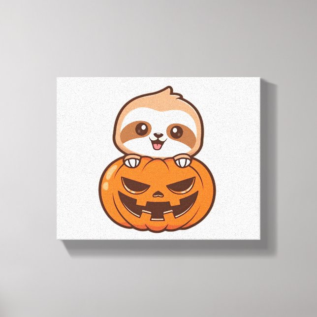 Cute Sloth with Pumpkin Halloween Cartoon Vector I Canvas Print (Front)
