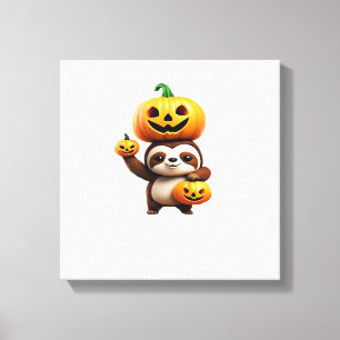 Cute Sloth with Pumpkin Halloween Cartoon Vector I Canvas Print
