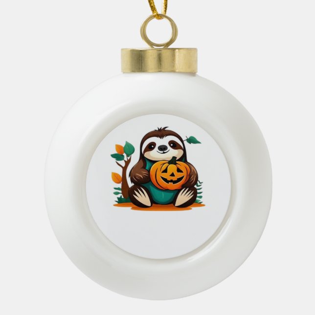 Cute Sloth with Pumpkin Halloween Cartoon Vector I Ceramic Ball Christmas Ornament (Front)