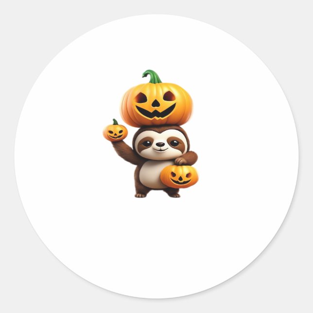 Cute Sloth with Pumpkin Halloween Cartoon Vector I Classic Round Sticker (Front)