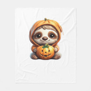 Cute Sloth with Pumpkin Halloween Cartoon Vector I Fleece Blanket