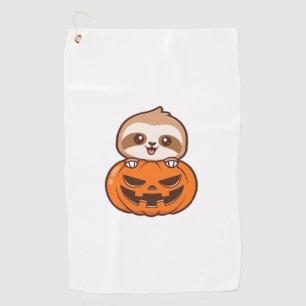 Cute Sloth with Pumpkin Halloween Cartoon Vector I Golf Towel
