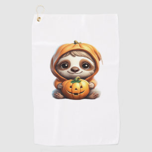 Cute Sloth with Pumpkin Halloween Cartoon Vector I Golf Towel