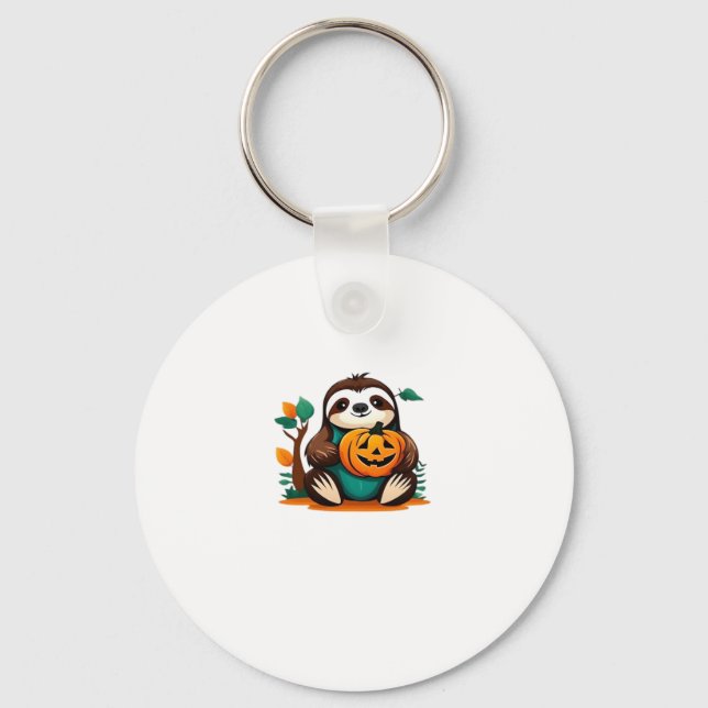 Cute Sloth with Pumpkin Halloween Cartoon Vector I Keychain (Front)