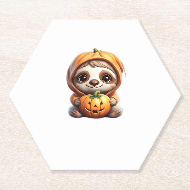 Cute Sloth with Pumpkin Halloween Cartoon Vector I Paper Coaster (Front)