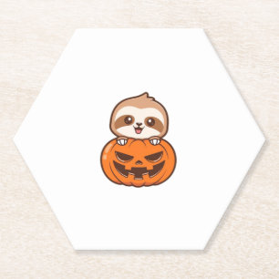 Cute Sloth with Pumpkin Halloween Cartoon Vector I Paper Coaster
