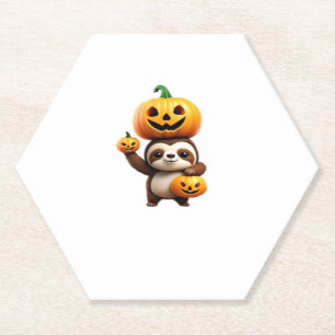 Cute Sloth with Pumpkin Halloween Cartoon Vector I Paper Coaster