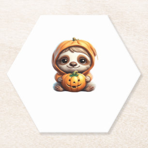 Cute Sloth with Pumpkin Halloween Cartoon Vector I Paper Coaster