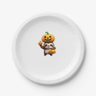 Cute Sloth with Pumpkin Halloween Cartoon Vector I Paper Plate