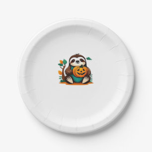 Cute Sloth with Pumpkin Halloween Cartoon Vector I Paper Plate