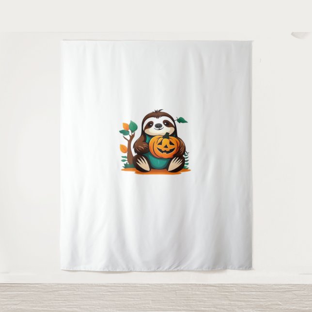Cute Sloth with Pumpkin Halloween Cartoon Vector I Tapestry (Front)