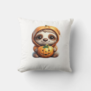 Cute Sloth with Pumpkin Halloween Cartoon Vector I Throw Pillow