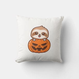 Cute Sloth with Pumpkin Halloween Cartoon Vector I Throw Pillow