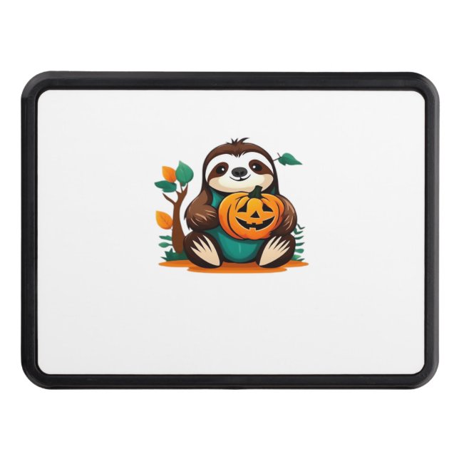 Cute Sloth with Pumpkin Halloween Cartoon Vector I Trailer Hitch Cover (Front)